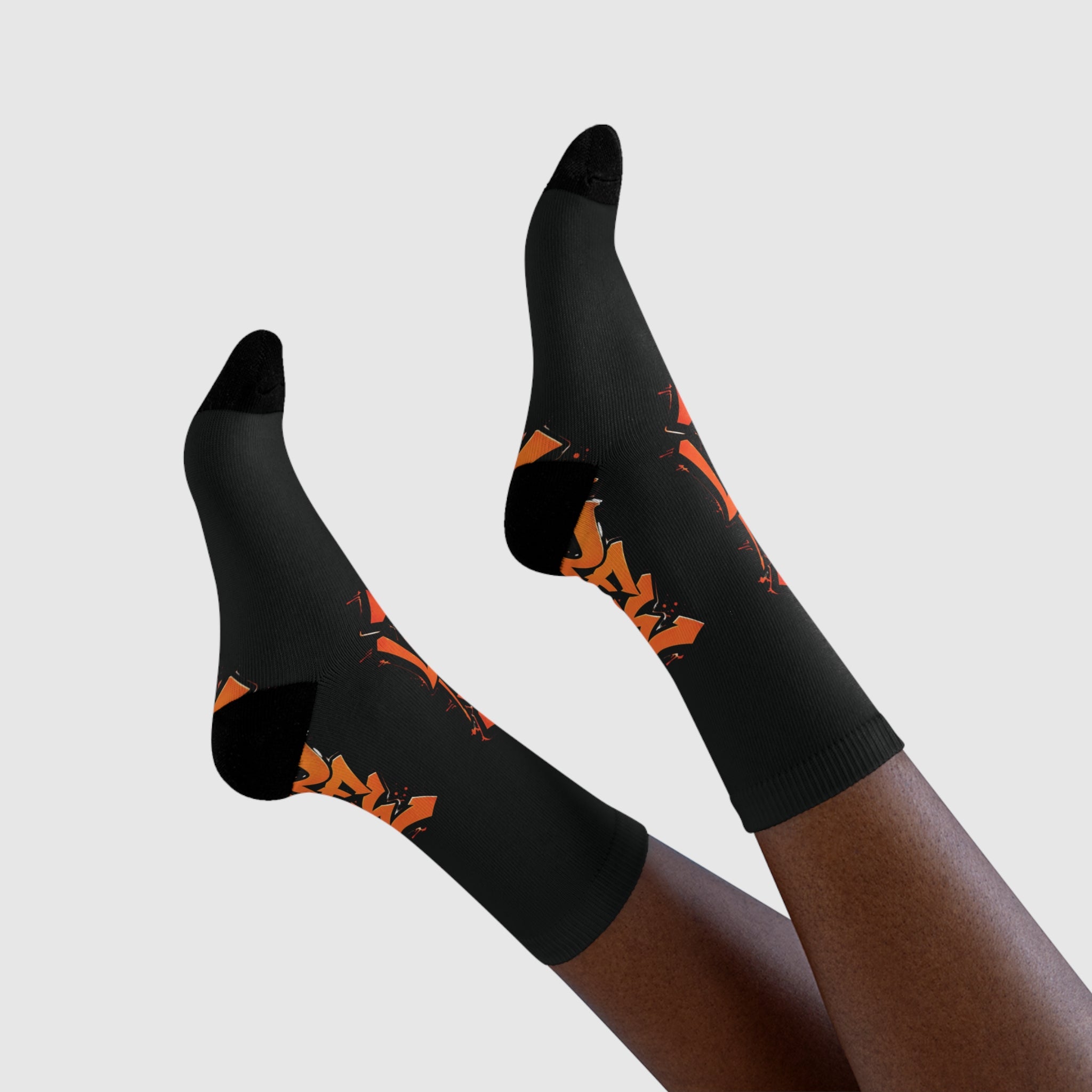 Graffiti Orange Logo Crew Socks — Sublimated Black Streetwear Socks